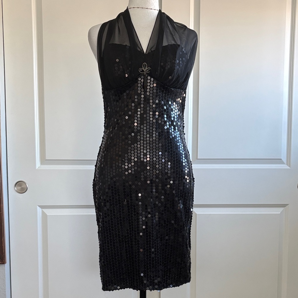 Zum Zum by Niki Livas Black Sequin Strapless Halter Cocktail Dress
